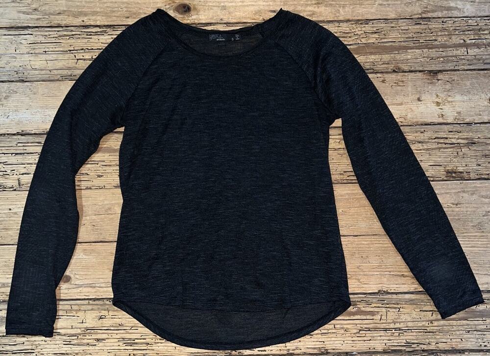 prAna Women's Long Sleeve Loose Crewneck Shirt Knit Black/Gray Sz S Rounded Hem